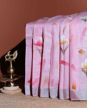 Elegant Linen Cotton Saree with Floral Motifs - Pink