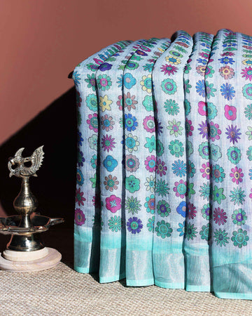Printed Linen Cotton Saree with Floral Motifs - Multi