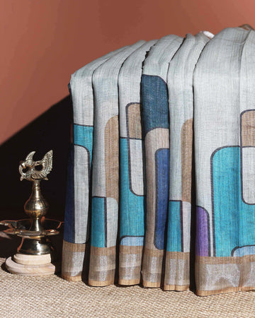 Abstract Print Linen Cotton Saree - Grey