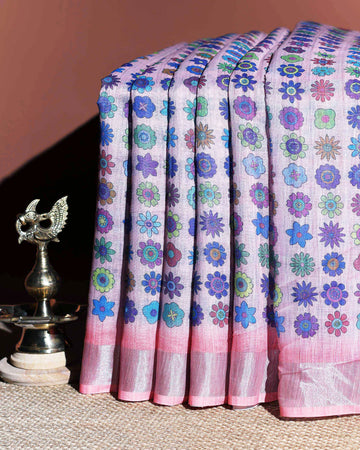 Printed Linen Cotton Saree with Floral Motifs - Multi