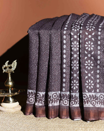 Elegant Linen Cotton Saree with Floral & Geometric Motifs - Grey
