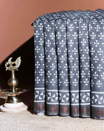 Artisanal Block Print Linen Cotton Saree - Grey