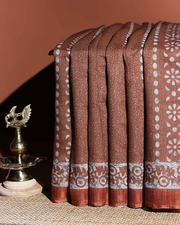 Elegant Linen Cotton Saree with Floral & Geometric Motifs - Brown