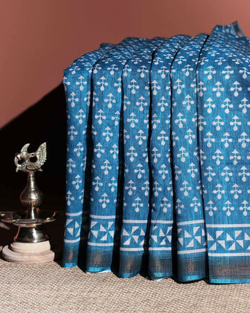 Artisanal Block Print Linen Cotton Saree - Blue