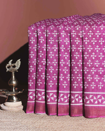 Artisanal Block Print Linen Cotton Saree - Pink