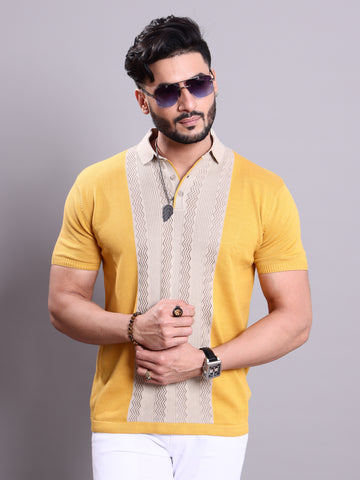 Men's Textured Nativebull Collar Knitted T-shirt with Contrast Panel - Yellow