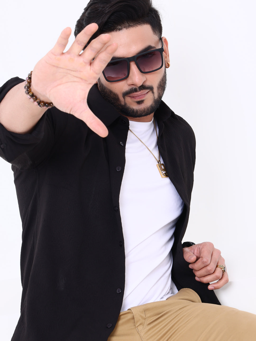 Nativebull Men's Solid Slim Fit Casual Shirt with Spread Collar and Full Sleeves - Black