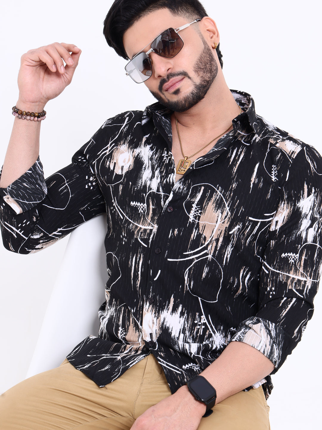 Nativebull Men's Abstract Printed Full Sleeve Casual Shirt - Black