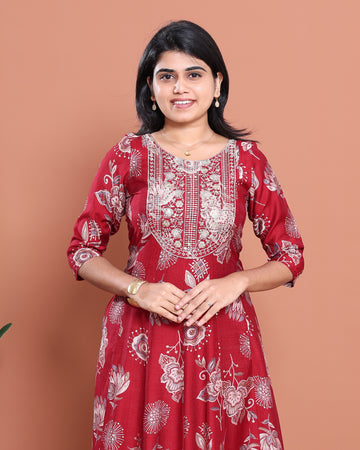 Ethnic Embroidered Kurta - Red