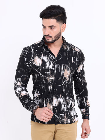 Nativebull Men's Abstract Printed Full Sleeve Casual Shirt - Black