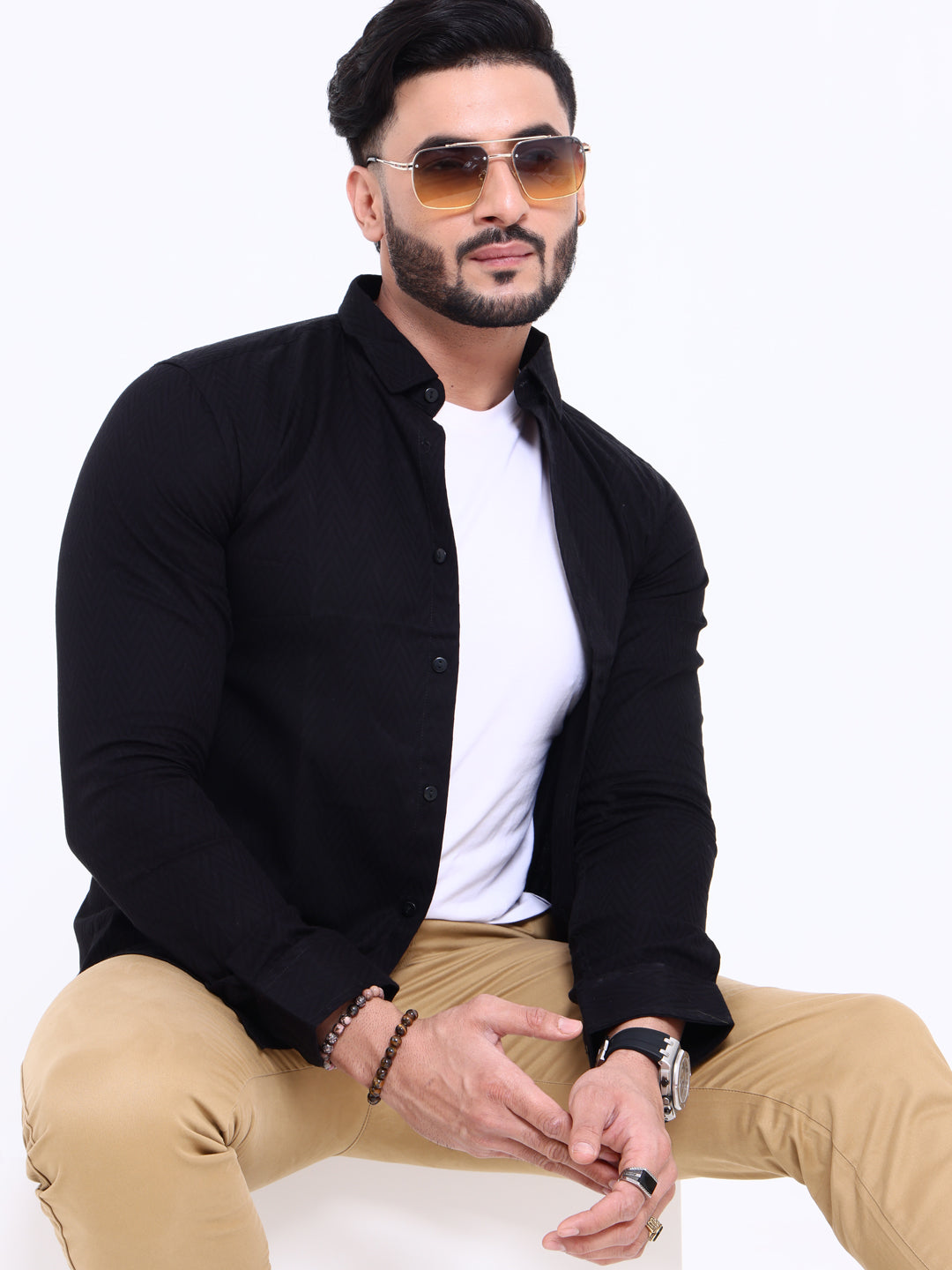 Nativebull Men's Solid Slim Fit Casual Shirt with Spread Collar and Full Sleeves - Black