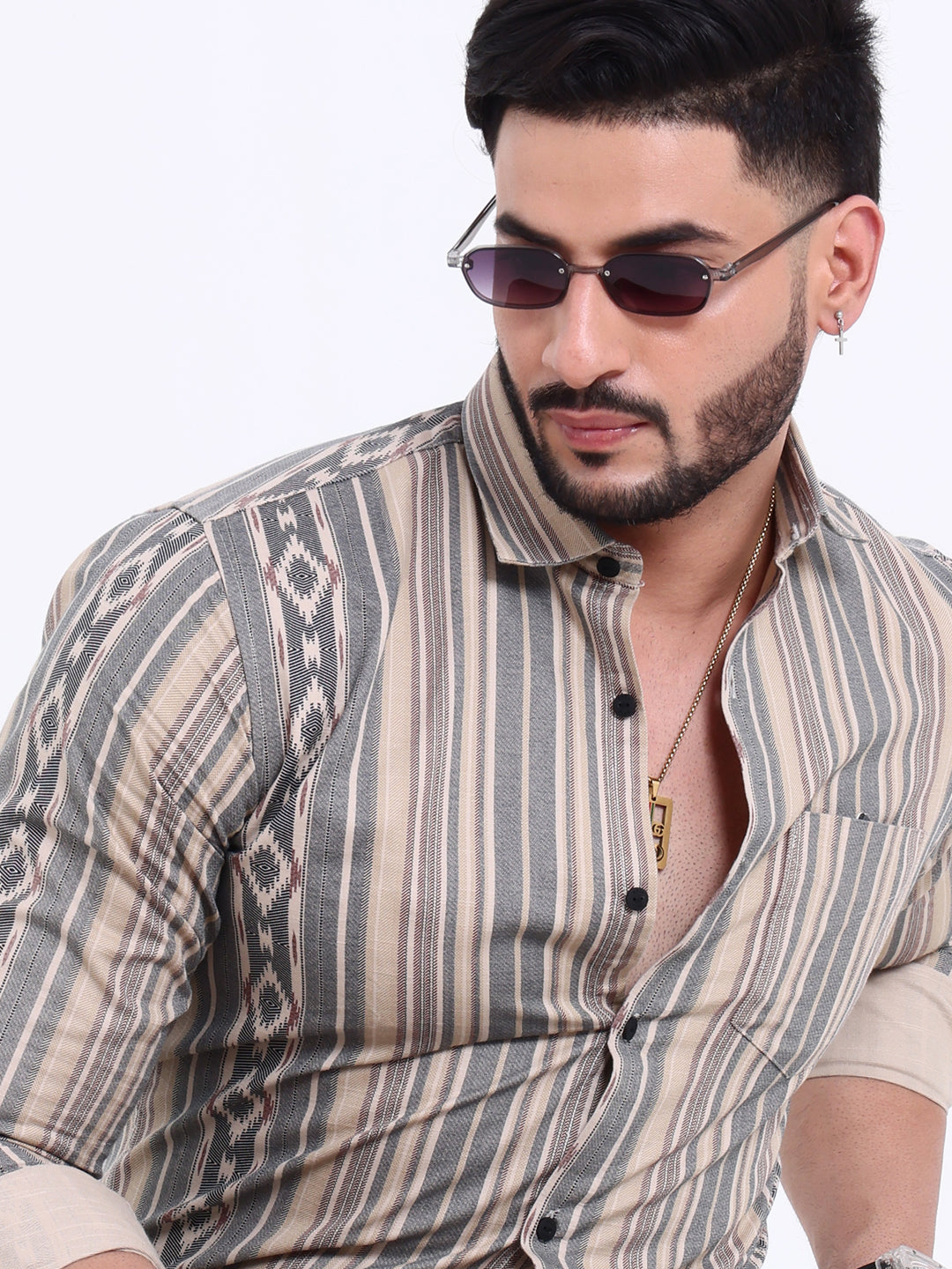 Rocx Men's Striped & Geometric Print Casual Shirt with Full Sleeves and Cutaway Collar - Multi