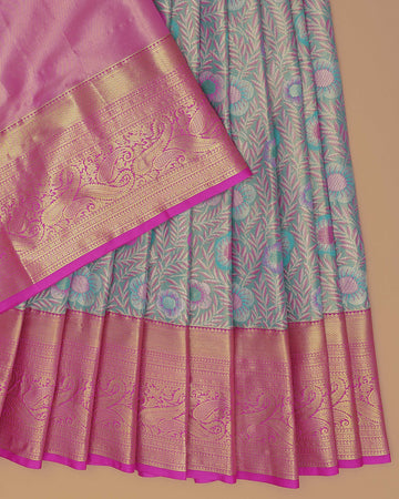 Kids' Traditional Kanchipuram Pattu Pavadai Material - Green