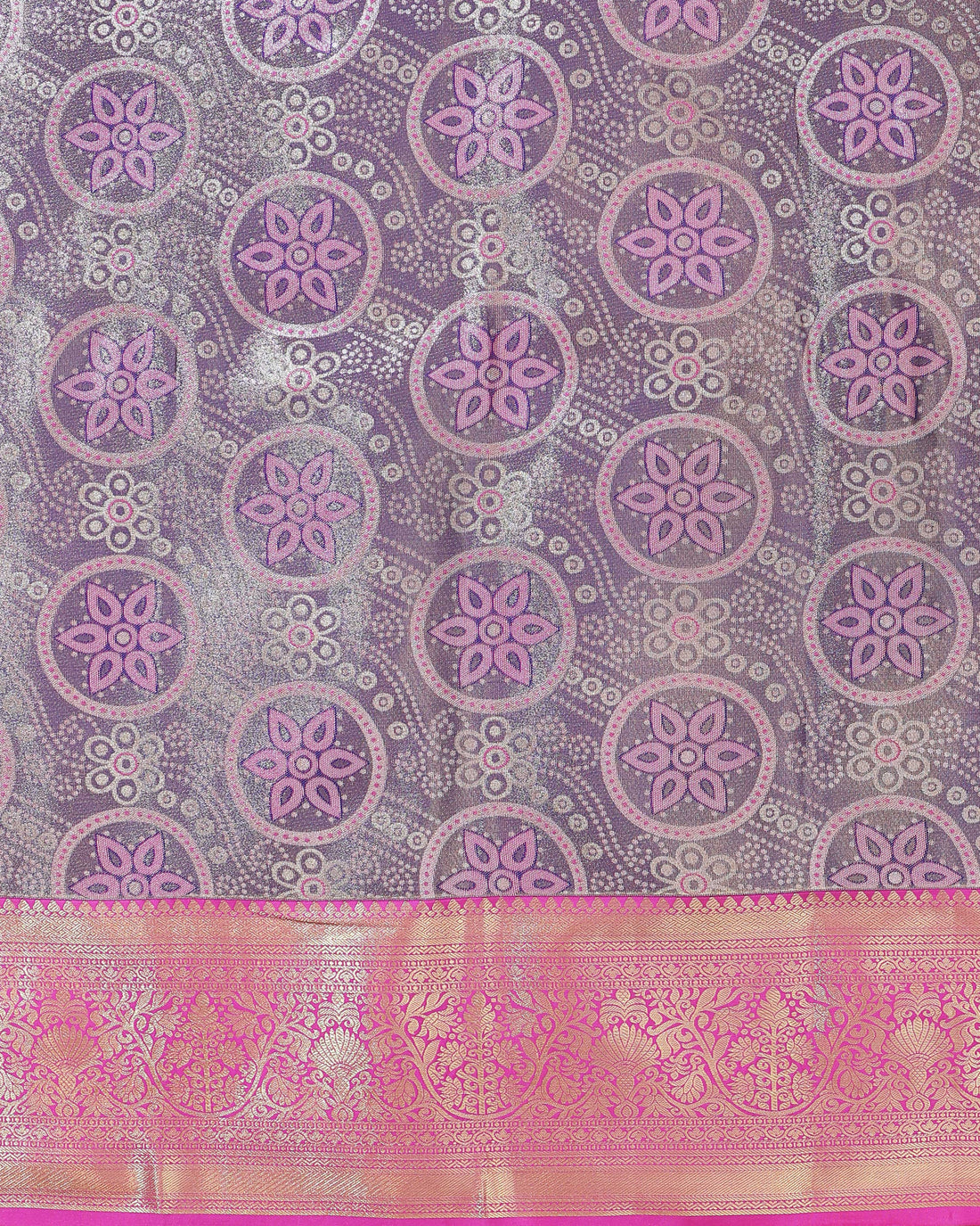 Kanchipuram Pattu Pavadai Material with Intricate Floral & Zari Woven Border - Grey