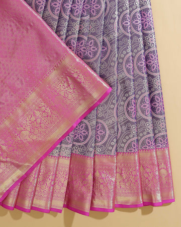 Kanchipuram Pattu Pavadai Material with Intricate Floral & Zari Woven Border - Grey
