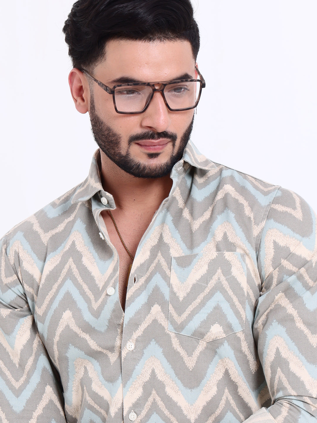 Rocx Men's Abstract Chevron Print Full Sleeve Casual Shirt with Spread Collar - Multi