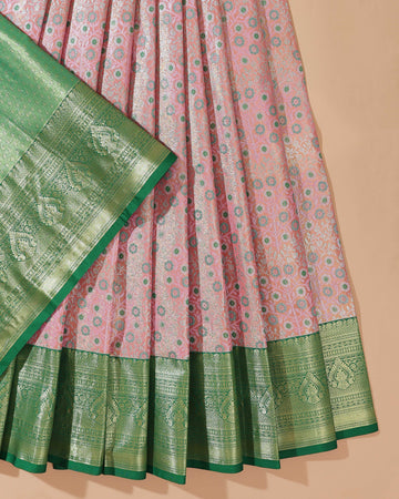 Kanchipuram Pattu Pavadai Material with Zari Brocade Weaves - Peach