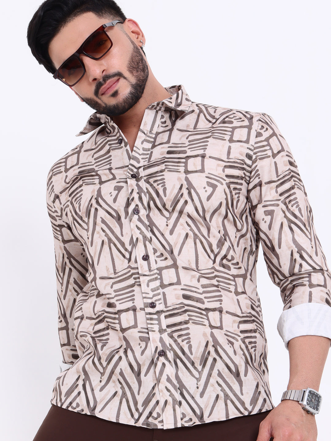 Men's Nativebull Brand Abstract Printed Full Sleeve Casual Shirt with Spread Collar - Multi