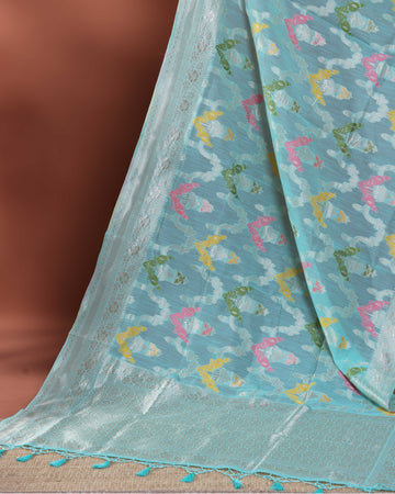 Floral Woven Rainbow Cotton Saree with Subtle Zari Accents - Blue