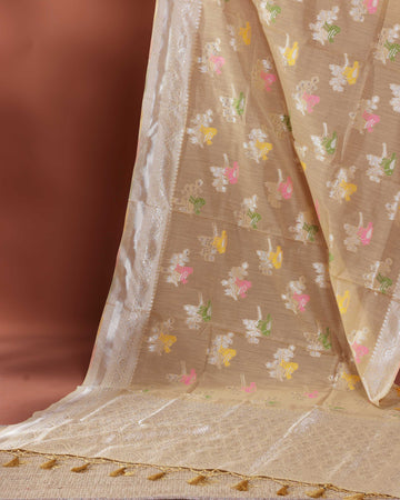 Floral Woven Rainbow Cotton Saree with Subtle Zari Accents - Sandal