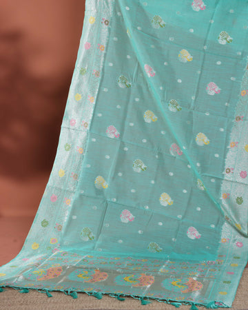 Floral Woven Rainbow Cotton Saree with Subtle Zari Accents - Blue
