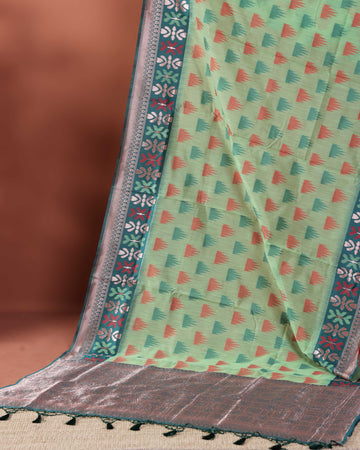 Floral Woven Rainbow Cotton Saree with Subtle Zari Accents - Green