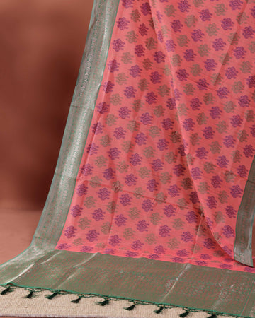 Floral Woven Rainbow Cotton Saree with Subtle Zari Accents - Pink