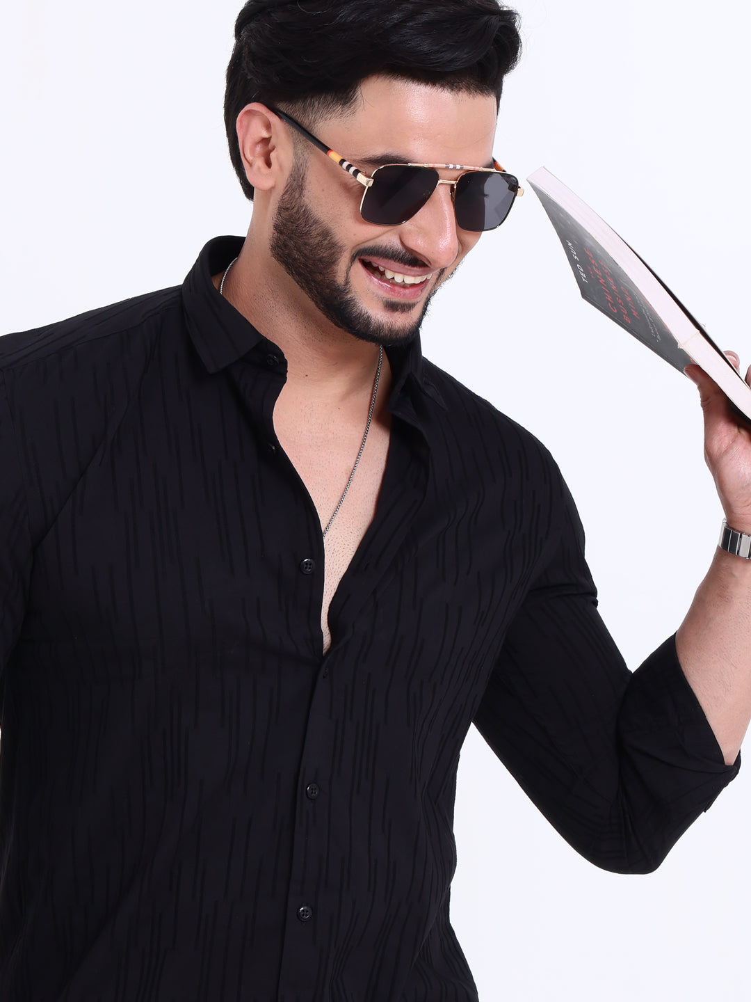 Nativebull Men's Regular Fit Casual Shirt with Self-Stripe Pattern - Black