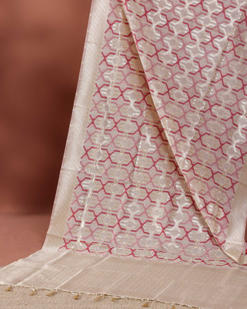Geometric Design Rainbow Cotton Saree with Subtle Zari Accents - Sandal