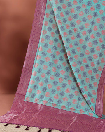 Traditional Weaving Rainbow Cotton Saree with Subtle Zari Accents - Green