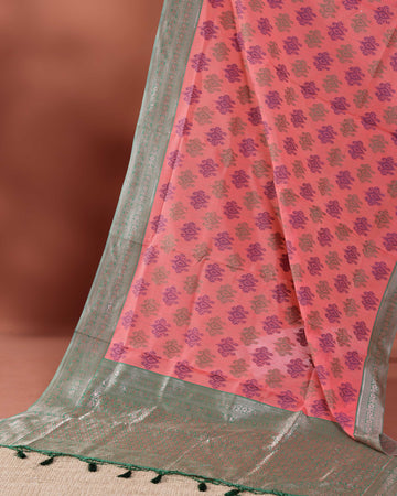 Traditional Woven Rainbow Cotton Saree with Subtle Zari Accents - Peach