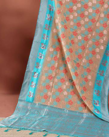 Floral Woven Rainbow Cotton Saree with Subtle Zari Accents - Brown