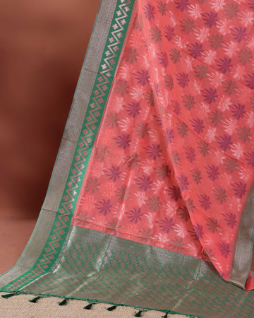 Floral Woven Rainbow Cotton Saree with Subtle Zari Accents - Peach