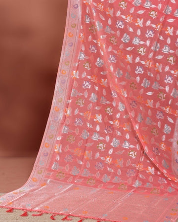 Floral Woven Rainbow Cotton Saree with Subtle Zari Accents - Peach