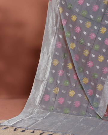 Floral Woven Rainbow Cotton Saree with Subtle Zari Accents - Grey