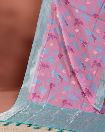 Floral Woven Rainbow Cotton Saree with Subtle Zari Accents - Pink