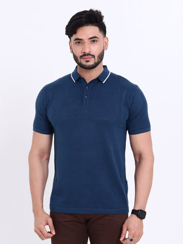 Men's Knit Nativebull T-Shirt with Contrast Tipped Collar and Half Sleeves - Navy Blue