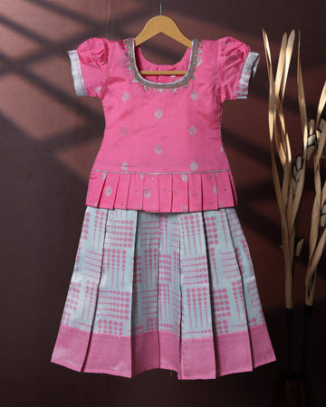Traditional Pattu Pavadai Set With Zari Woven Skirt And Embroidered Blouse- Pink
