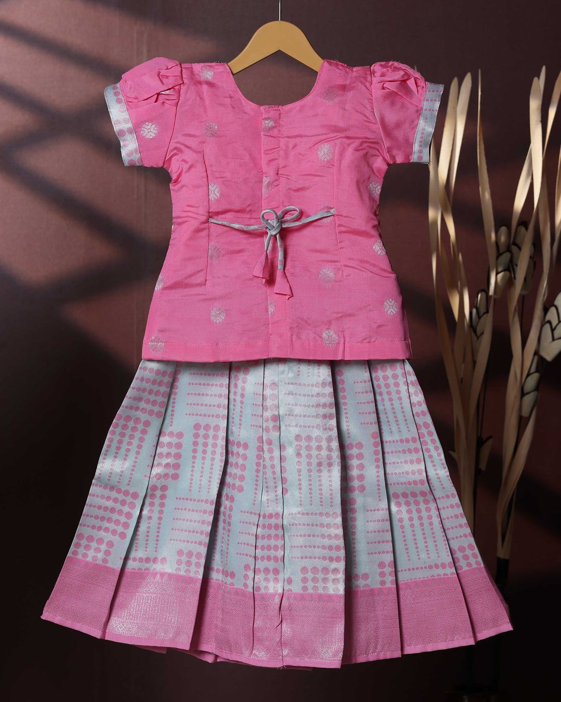 Traditional Pattu Pavadai Set With Zari Woven Skirt And Embroidered Blouse- Pink