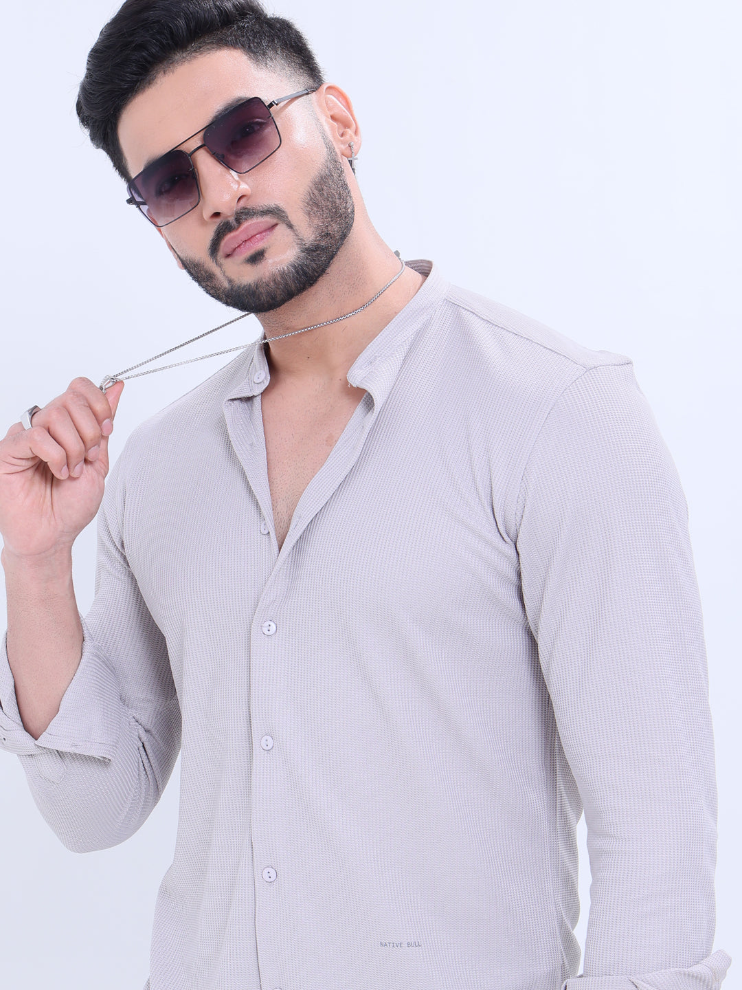 Nativebull Men's Textured Mandarin Collar Full Sleeve Casual Shirt - Grey