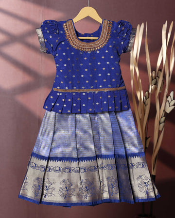 Traditional Pattu Pavadai Set With Zari Woven Skirt And Embroidered Blouse- Blue