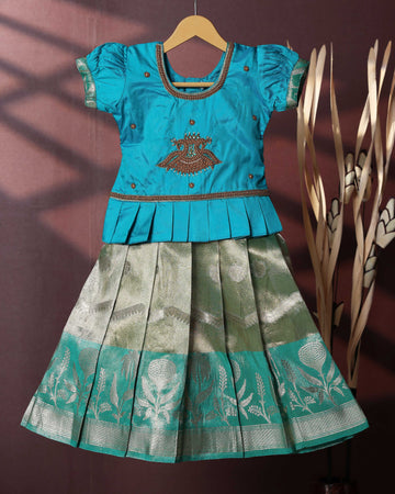 Traditional Pattu Pavadai Set With Zari Woven Skirt And Embroidered Blouse - Blue
