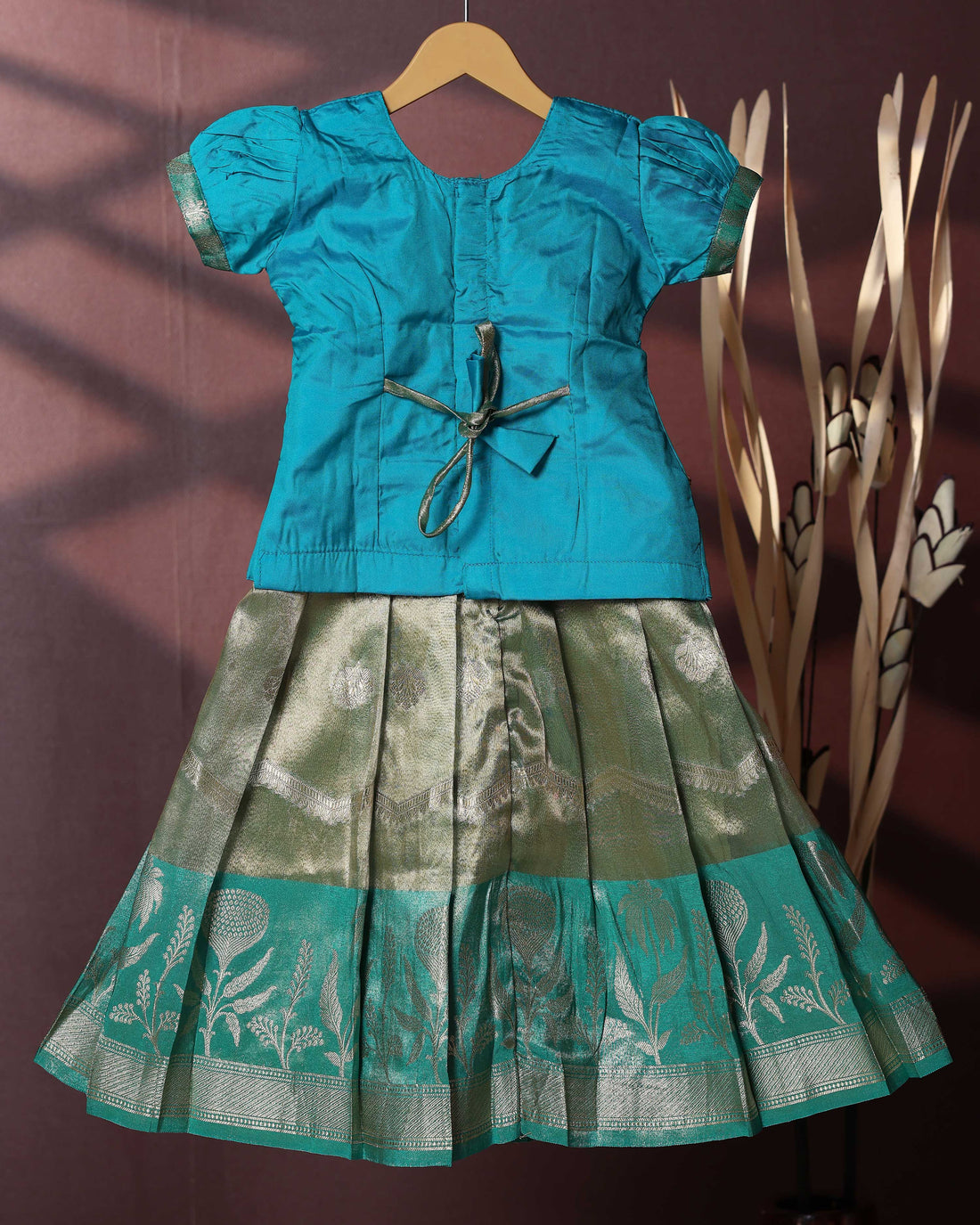 Traditional Pattu Pavadai Set With Zari Woven Skirt And Embroidered Blouse - Blue