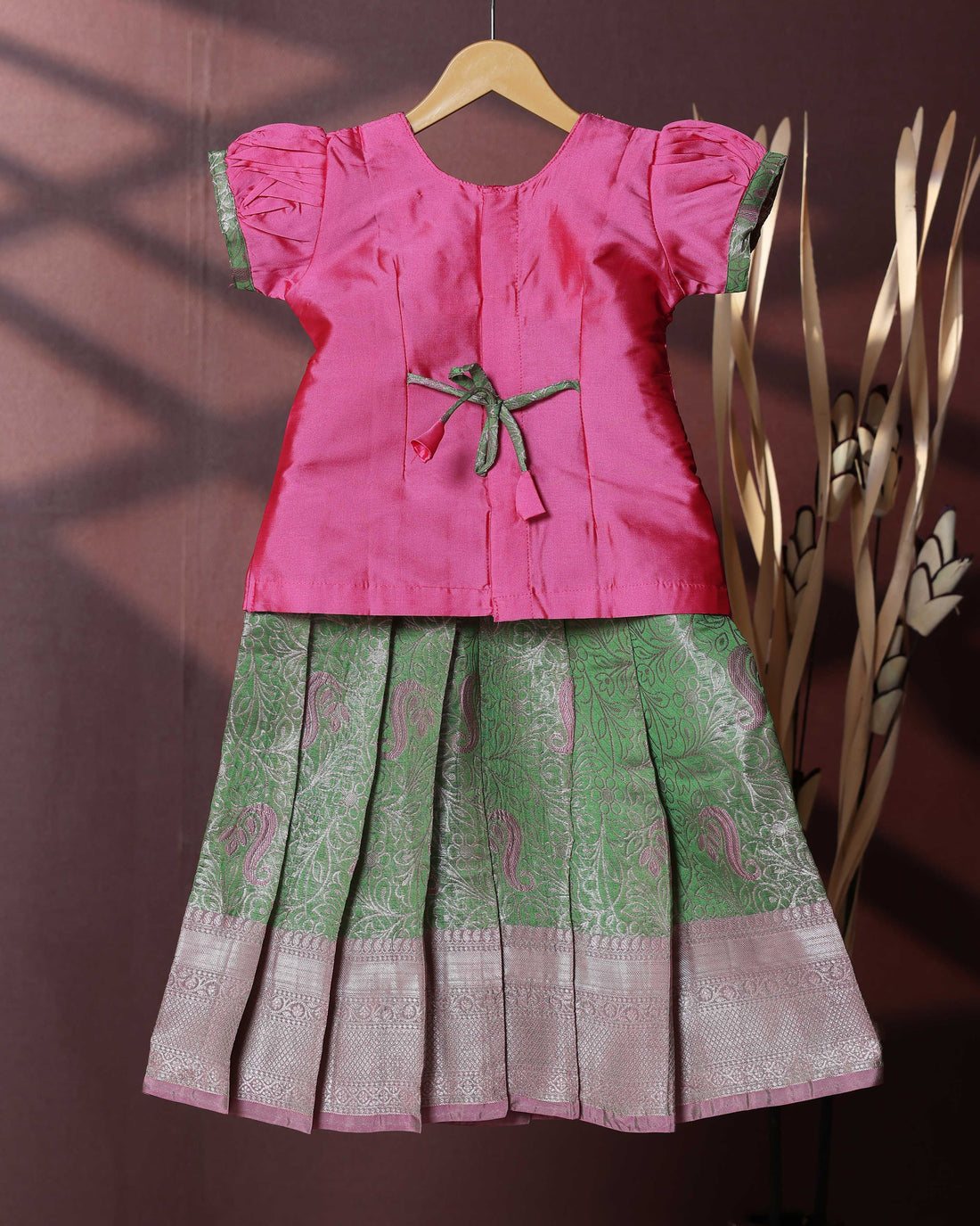 Traditional Pattu Pavadai Set With Zari Woven Skirt And Embroidered Blouse- Pink