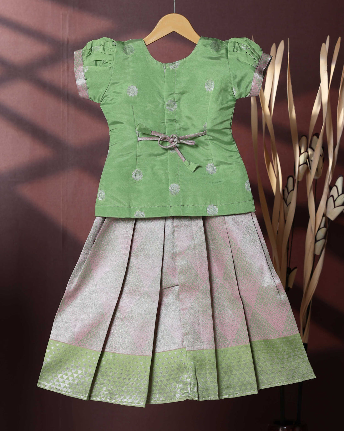 Traditional Pattu Pavadai Set With Zari Woven Skirt And Embroidered Blouse- Green