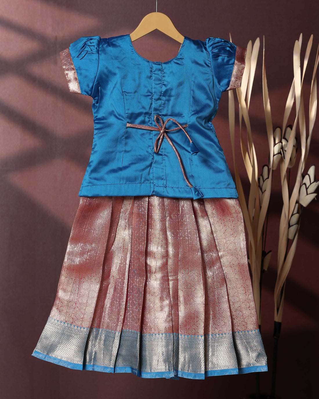 Traditional Pattu Pavadai Set With Zari Woven Skirt And Embroidered Blouse - Blue