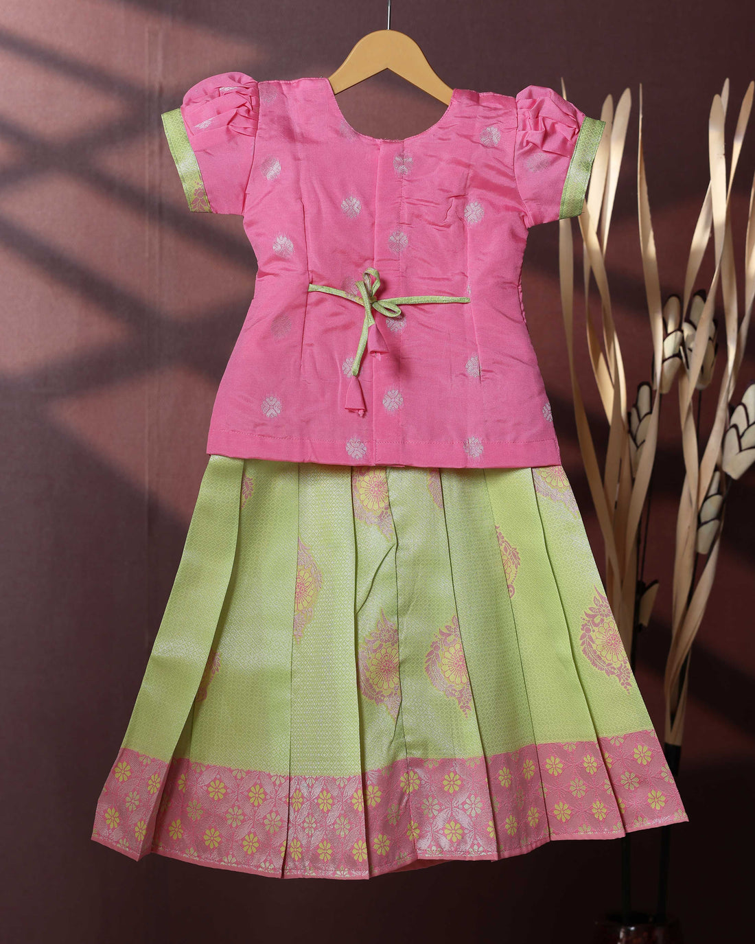 Traditional Pattu Pavadai Set With Zari Woven Skirt And Embroidered Blouse- Pink