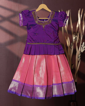 Traditional Pattu Pavadai Set With Zari Woven Skirt And Embroidered Blouse- Purple