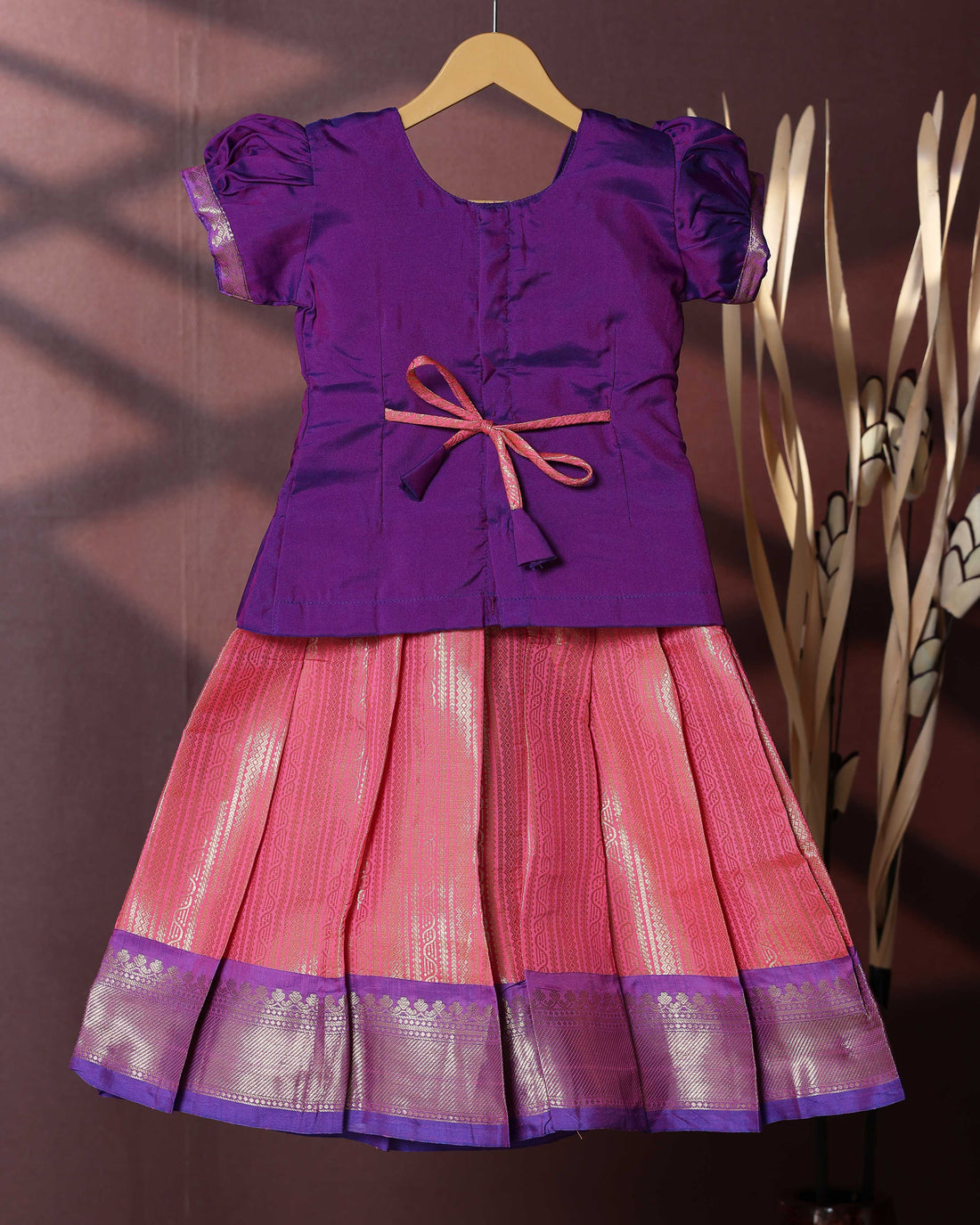 Traditional Pattu Pavadai Set With Zari Woven Skirt And Embroidered Blouse-  Purple