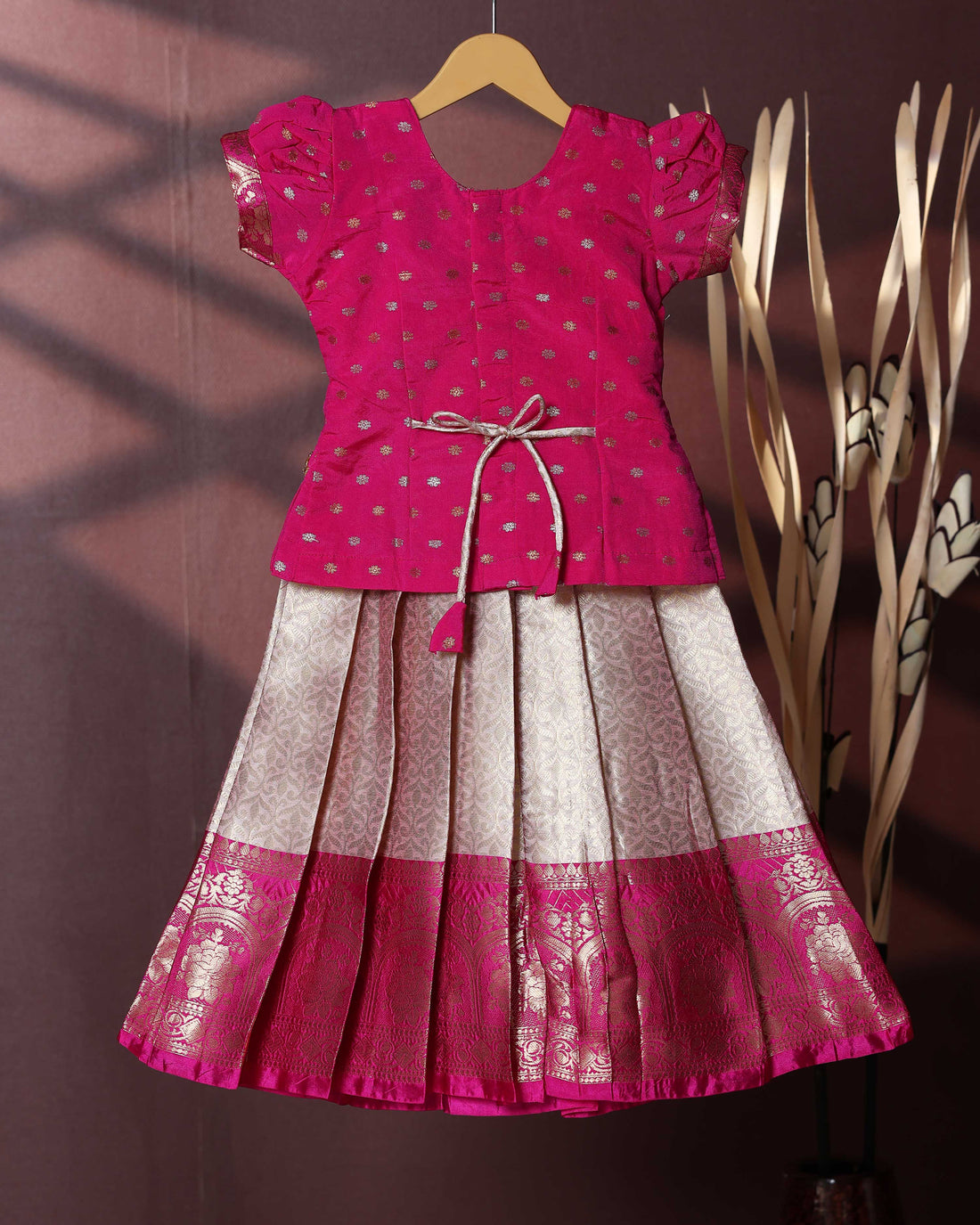 Traditional Pattu Pavadai Set With Zari Woven Skirt And Embroidered Blouse- Pink